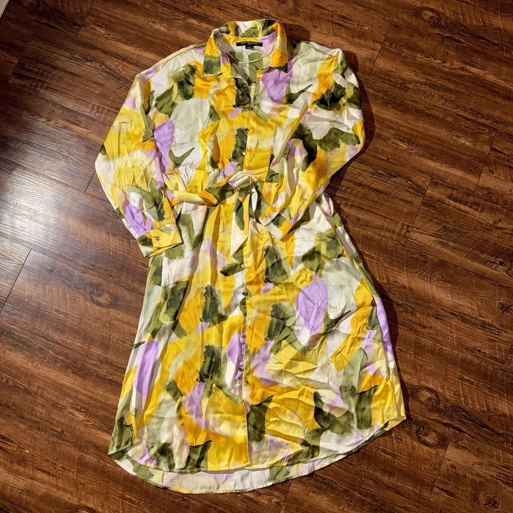 French Connection Satin Button Down Long Sleeve Belted Dress XXL NEW